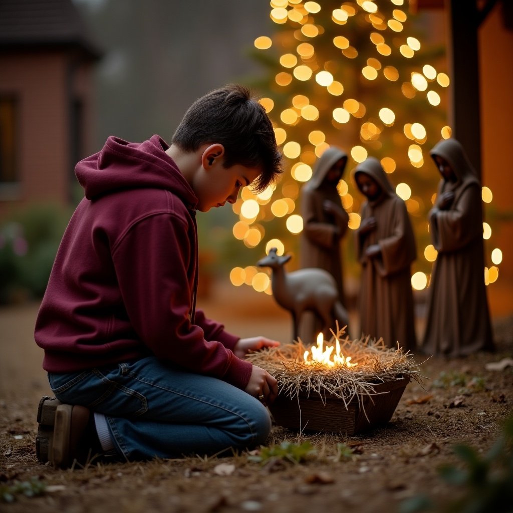 Teenage boy kneeling next to a Christmas manger scene. Boy wears a maroon hoodie. Manger includes figurines. Twinkling lights in background create a festive mood. Boy is focused on the manger.