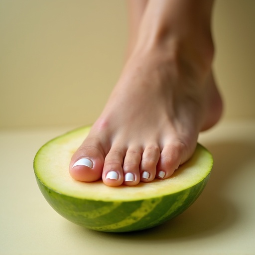 A close-up of an attractive young woman's foot. The foot is elegantly positioned on a half melon. The toenails are painted white. A stylish toe ring is visible on one toe. The background is simple and soft.
