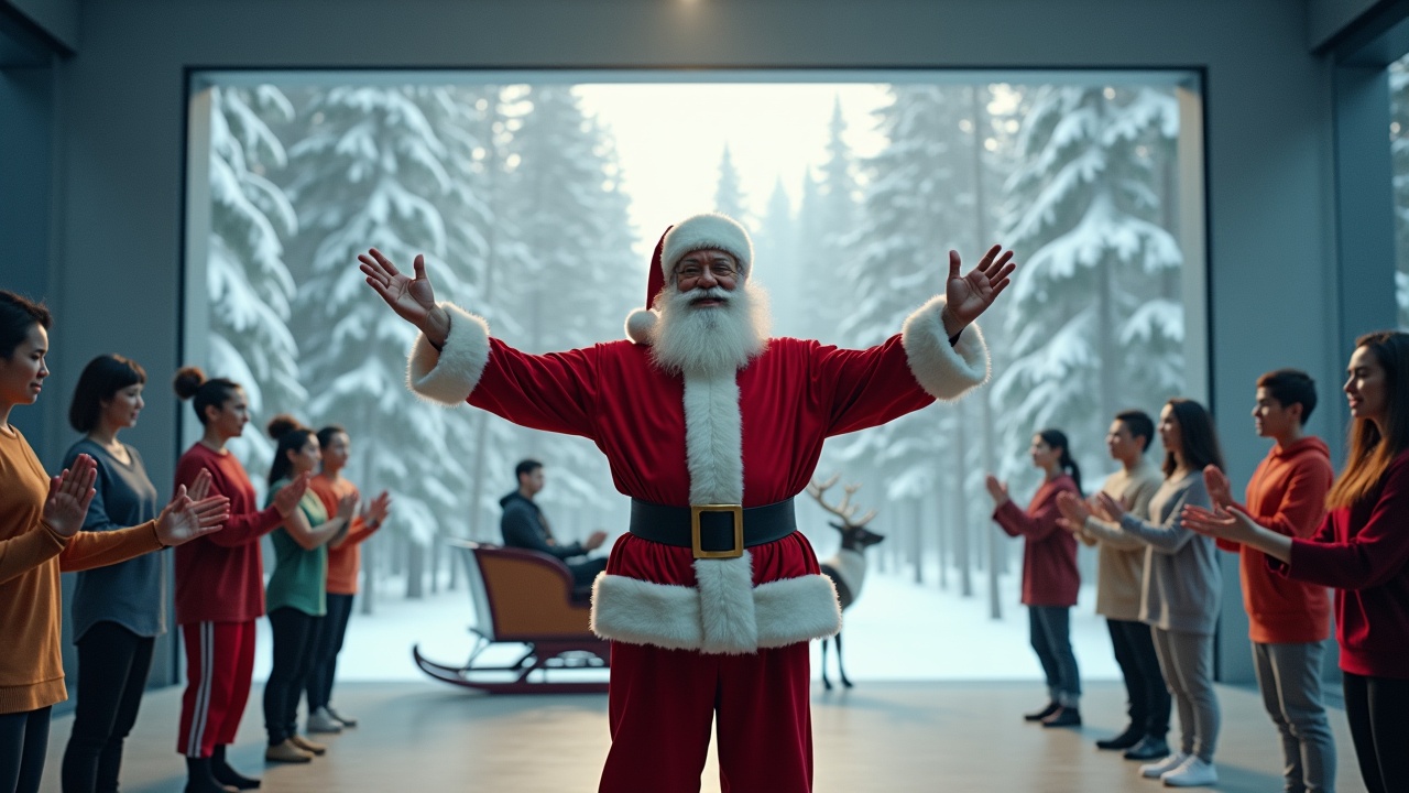 Cinematic image of Santa Claus celebrating in a high-tech room with open arms. Diverse people practicing taichi in various postures around him. Snowy woods are visible through large openings. A sleigh with reindeer is parked nearby. Wide shot captures Santa surrounded by engaging individuals.