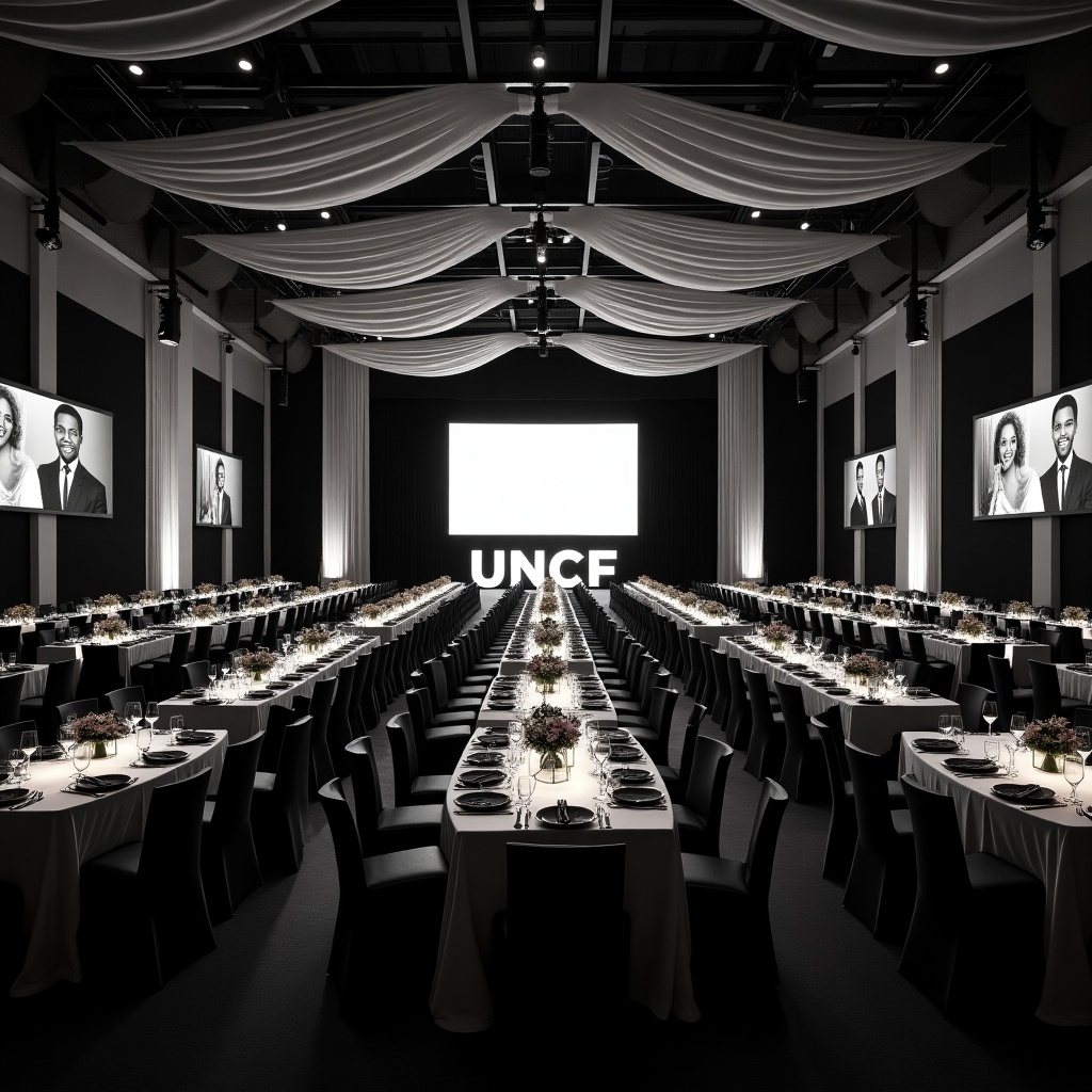 The image depicts a grand banquet room designed for a formal UNCF event. The space features black and white drapes draping elegantly from the ceiling, creating a sophisticated atmosphere. Wall-to-wall, black and white photos of African American graduates adorn the hall, emphasizing the theme of achievement. In front of the stage, large illuminated letters spelling 'UNCF' stand out, attracting attention. Rectangular tables are arranged to accommodate 21 people each, elegantly set with dishes and floral centerpieces.