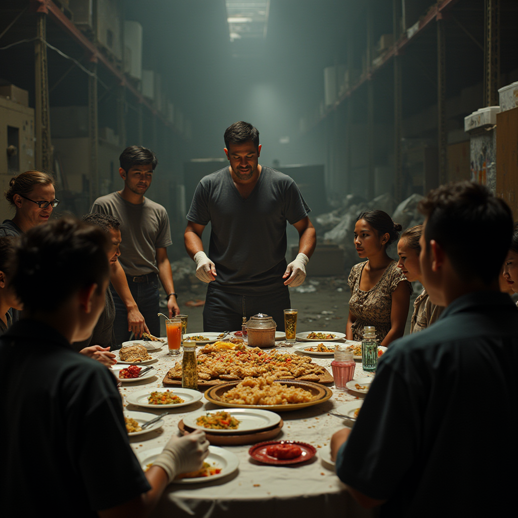 A group of people are gathered around a plentiful table of food in a dimly lit warehouse.