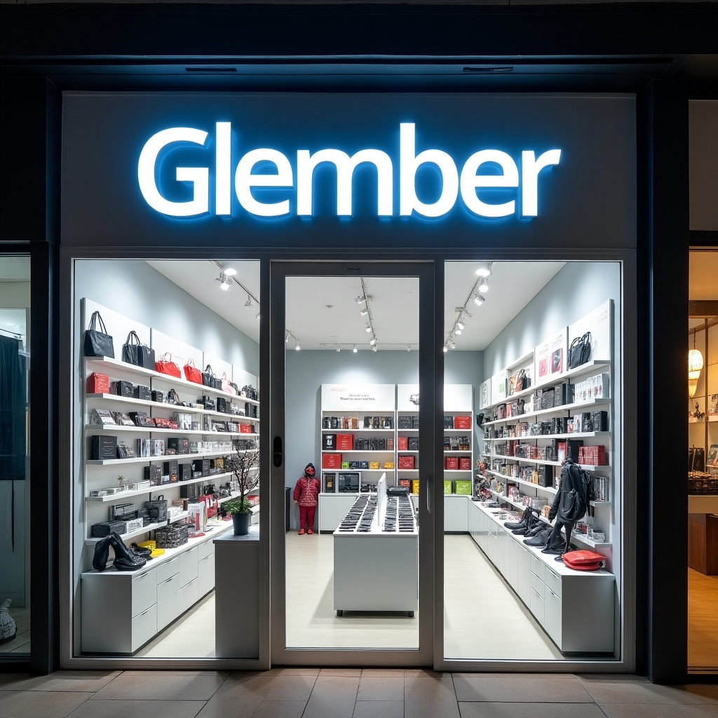 Store front featuring a sign that reads 'Glember'. Display area for gadgets and accessories inside. Bright lighting and organized shelves visible.