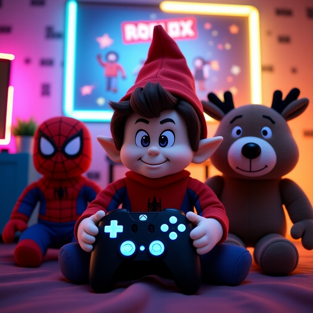 An elf plush figure plays Roblox with a video game controller. The elf sits next to plush figures of Spiderman and a Reindeer. A Roblox poster is visible in the background. The room has neon lights creating a vibrant gaming atmosphere.