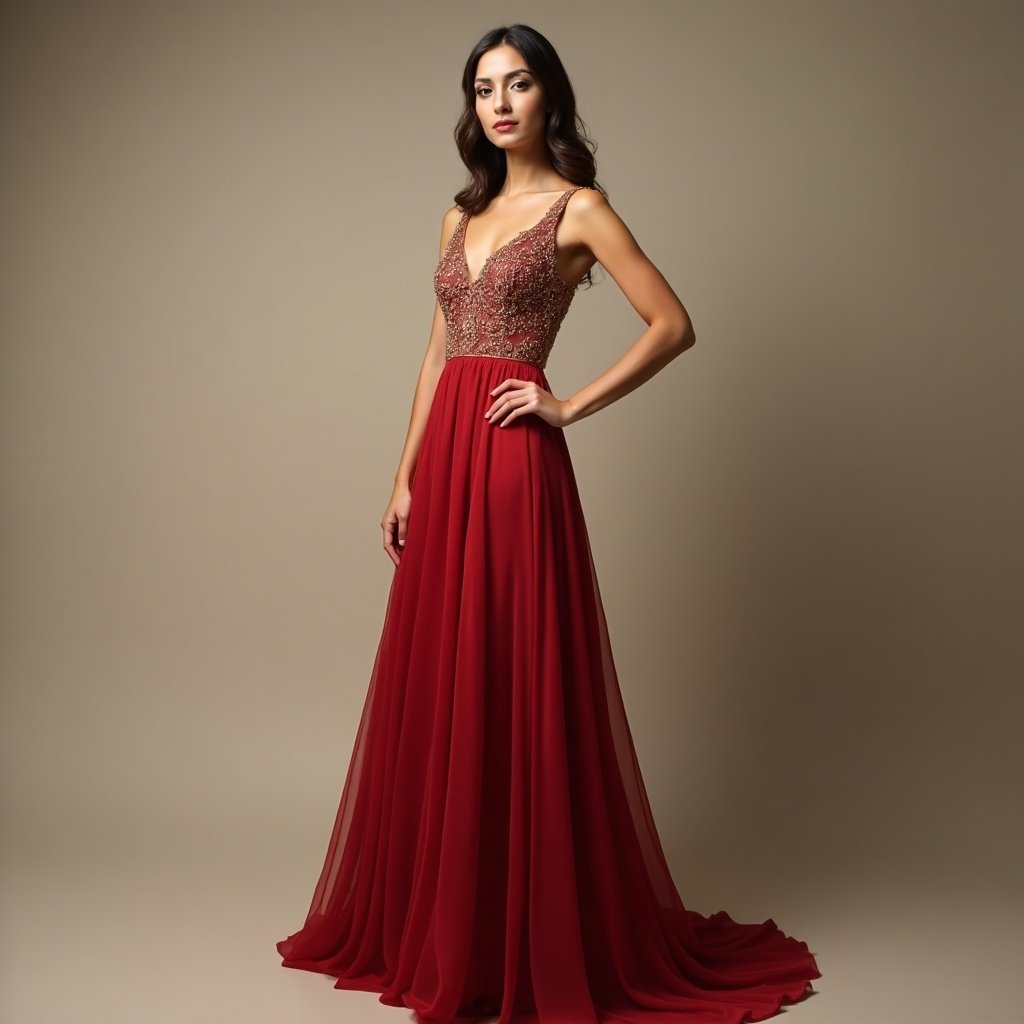 Person dressed in long evening dress adorned with gold red fabric. Confident pose against neutral background. Soft lighting enhances garment details.