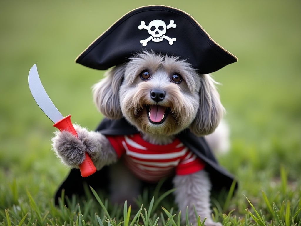 A fluffy gray dog dressed in a pirate costume stands proudly on a grassy field. The dog wears a black pirate hat with a skull and crossbones. Its outfit features a red and white striped shirt and a black cape. In its paw, the dog holds a toy knife with a playful expression. The grassy field in the background adds a touch of nature to the scene, complementing the dog's adventurous attire.