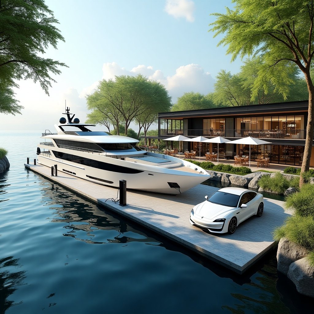 The image presents VoltMarina, a luxury and sustainable hub designed specifically for electric and hybrid yachts. It features a well-maintained dock where these vessels can charge, alongside parking spots for electric vehicles. Surrounding the marina are luxury stores and upscale restaurants, catering to discerning visitors. Lush green areas provide a serene ambiance, enhancing the environmental appeal. The scene is lively, with clear waters reflecting the modern architecture of the adjacent buildings. This setting promotes sustainable living while offering high-end amenities.