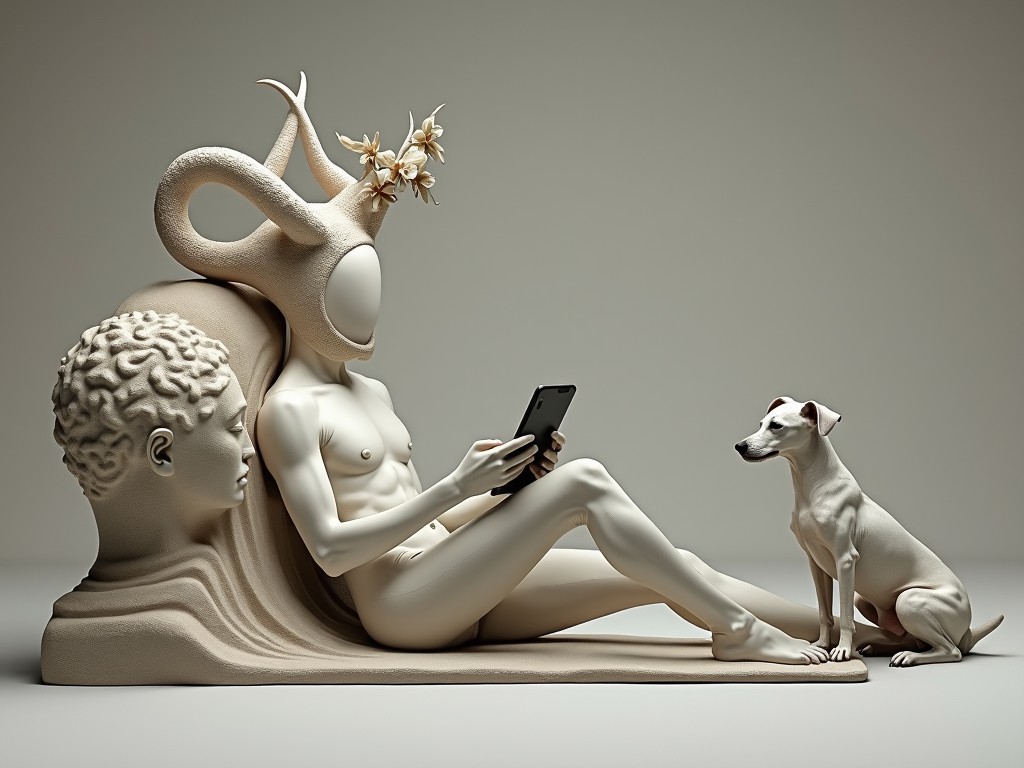 surreal sculpture of a humanoid figure with antlers, holding a tablet, sitting beside a classical bust and dog, minimalist style, beige color palette