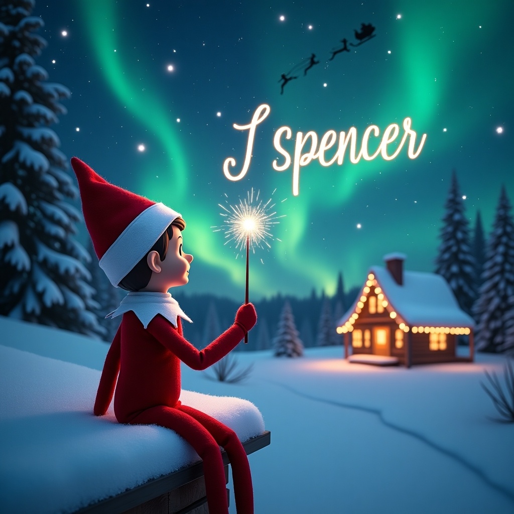 The scene captures a whimsical Christmas night featuring an adorable elf inspired by the 'Elf on the Shelf' concept. The elf is seated on a snowy ledge, joyfully gazing up at a starry sky. He is holding a sparkling wand and writing the name 'Spencer' in the air. In the background, colorful northern lights dance across the winter sky, while a cozy cabin glows warmly nearby. Santa and his sleigh can be seen flying in the distance, adding to the festive atmosphere. This image radiates the magic and joy of the holiday season, perfect for celebrating Christmas spirit.