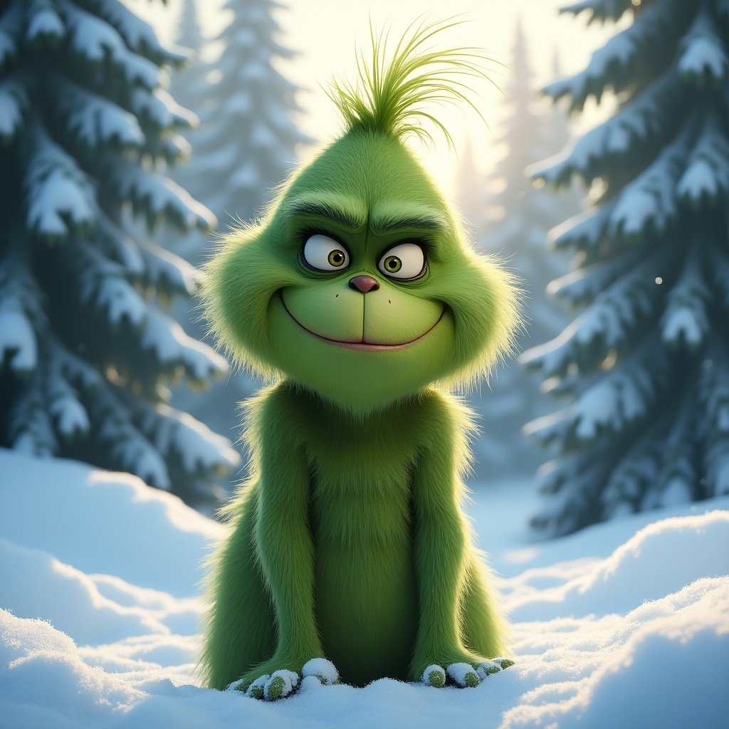 Grinch character writing name Cailik in snow. Background features snowy pine trees. Soft morning light shining. Grinch appears mischievous yet friendly.