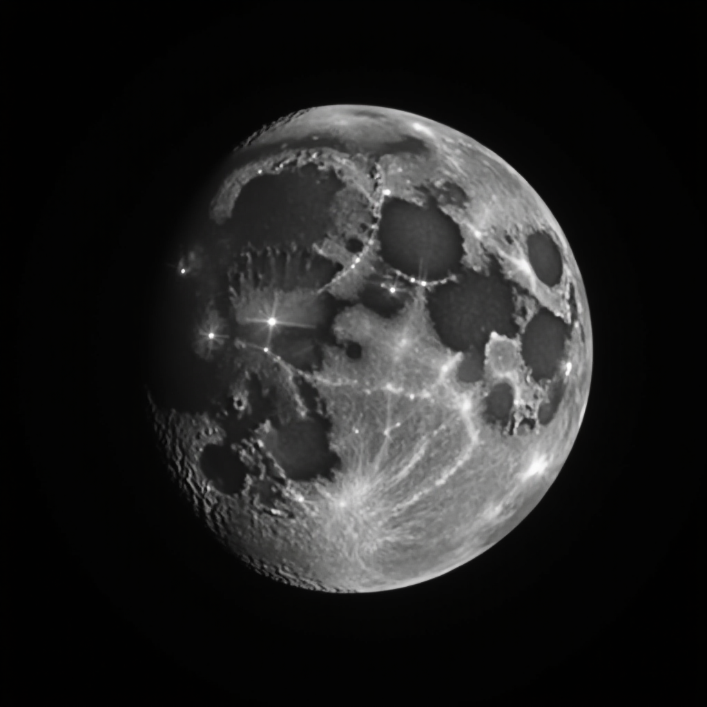 The image shows a detailed view of the moon with bright stars superimposed on its surface.