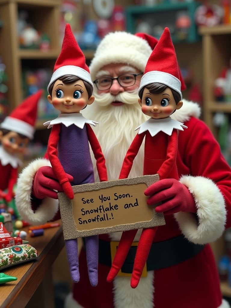 Two elves in red and purple outfits hold a sign in a colorful toy workshop. The sign states 'See You Soon Snowflake and Snowfall'. Santa Claus is in the background surrounded by many toys and working elves. Festive atmosphere is depicted.