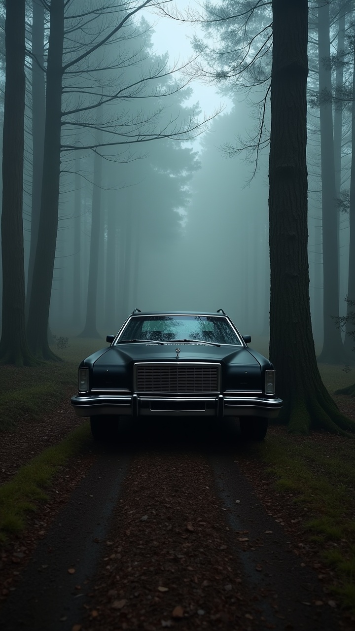 This image features an old, worn-out matte black Ford Gran Torino wagon from 1975, parked in a deep, dark foggy forest. Towering trees loom on either side, shrouded in mist, creating an atmospheric and eerie setting. The sleek lines of the car contrast with the roughness of nature around it. The light filters through the fog, giving a sense of mystery and nostalgia. This scene encapsulates a classic American car surrounded by the quiet of a fog-drenched woodland.