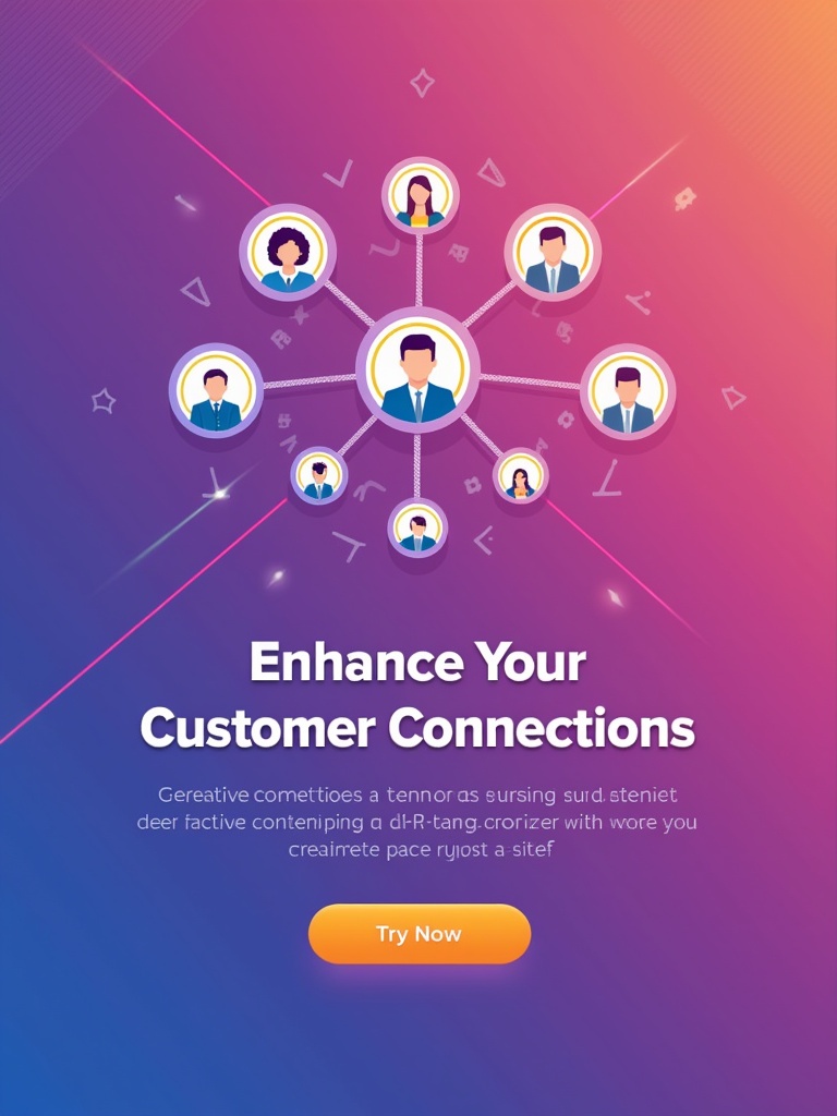 Design a modern banner image for a CRM tool. Display a network of connected people icons. Use a vibrant gradient background. Include the tagline 'Enhance Your Customer Connections'. Feature a prominent 'Try Now' button.