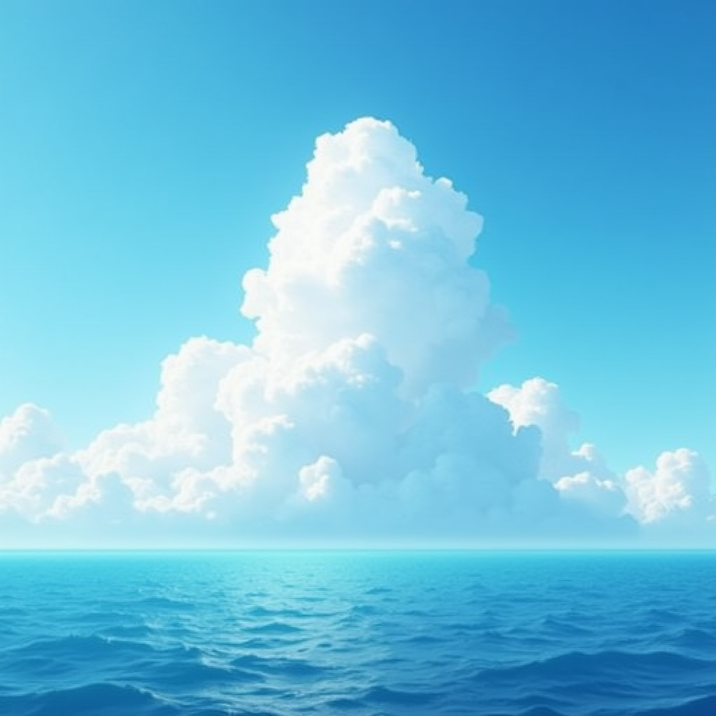 A vast ocean under a clear blue sky with a towering, fluffy cloud formation.