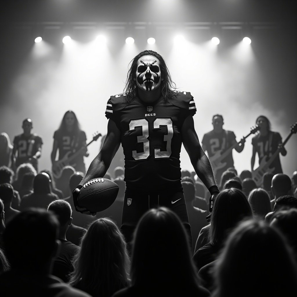 Black and white photo of a football player on stage. Player wears corpse paint. Holding a football. Facing the audience. Stage has dramatic lighting and smoke. Creates eerie atmosphere. Displays unity among band members. Captivated crowd shows connection.