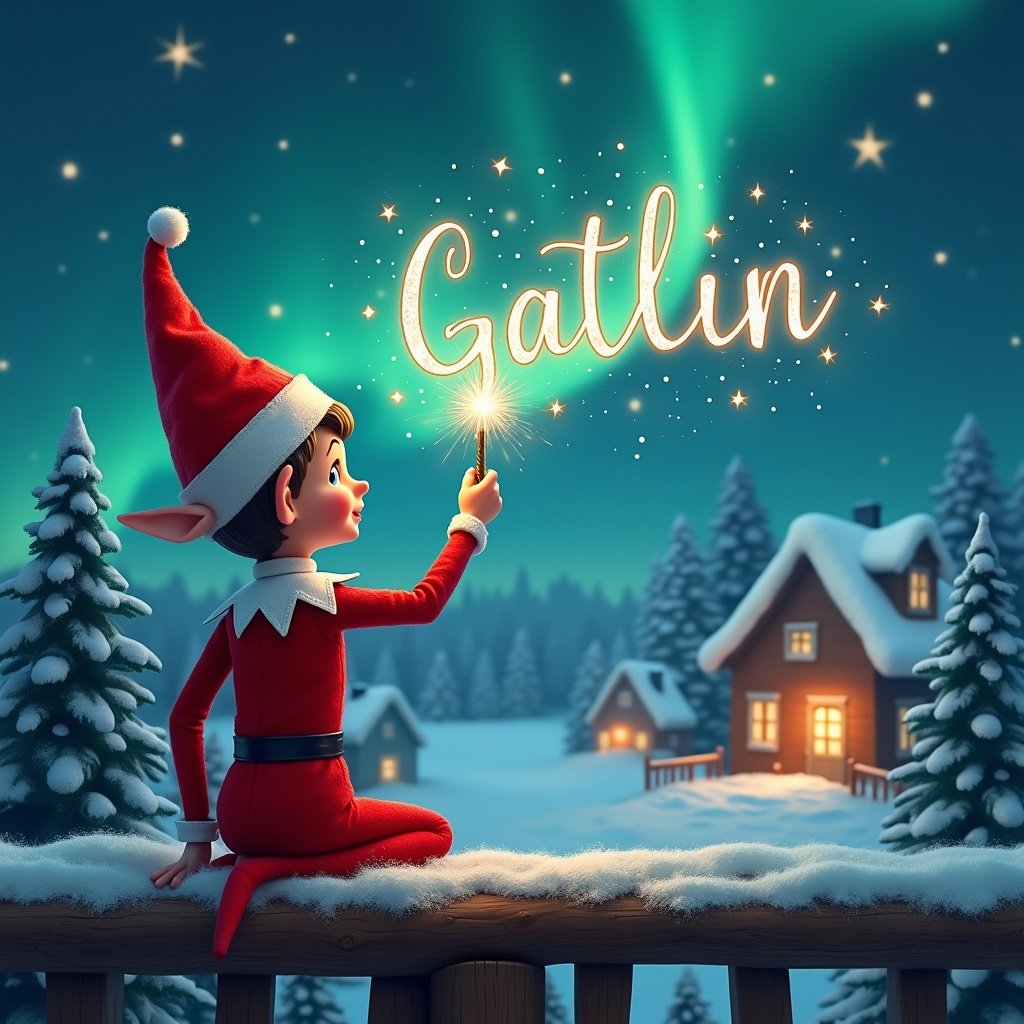 An elf sits on a wooden ledge with its back to the camera. The elf, dressed in a red outfit with a pointed hat, holds a sparkling wand. With the wand, the elf elegantly writes the name 'Gatlin' in the starry sky. The background features a snowy landscape with charming little houses and evergreen trees. The scene is illuminated by the enchanting Northern Lights, capturing the essence of childhood magic and Christmas cheer.