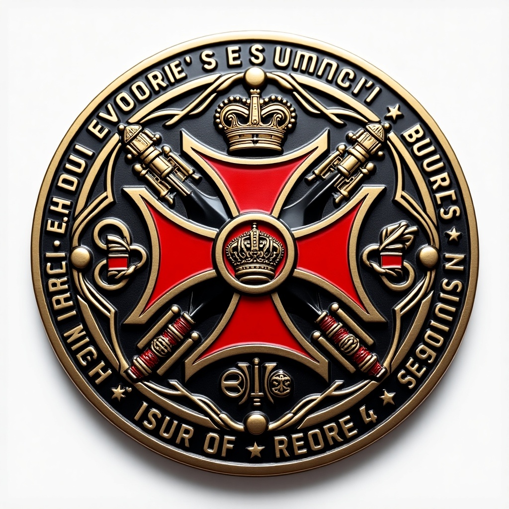 This image features a beautifully designed medal intended for a Vatican jubilee. At its center is a stylized representation of the sovereign order of S. George. The intricate emblem includes colorful details in shades of red, black, and white. The design reflects a strong spirit of faith in God combined with militarism. This medal serves as a commemorative piece, celebrating the participation of its recipients.