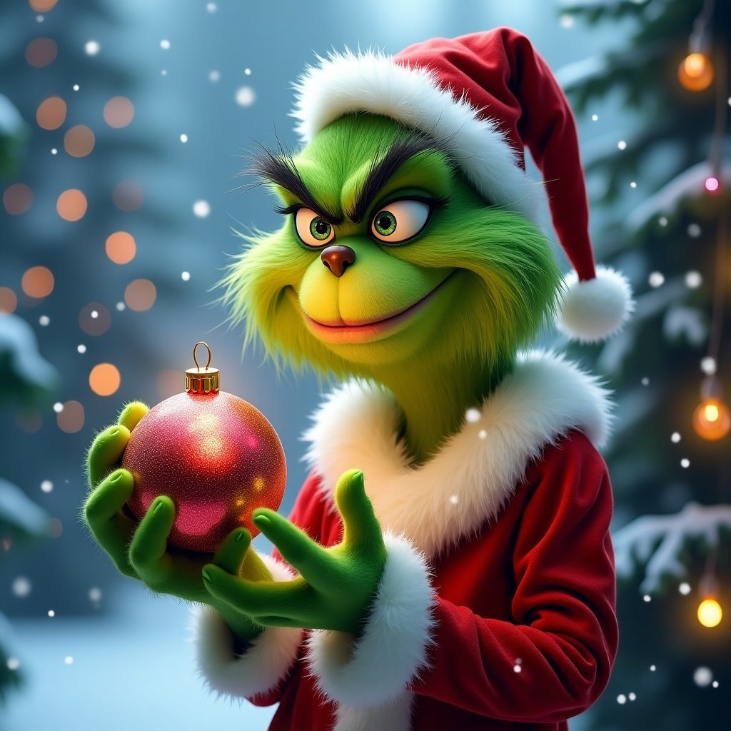 Grinch character in Christmas outfit holding a shiny bauble in a snowy background with lights.