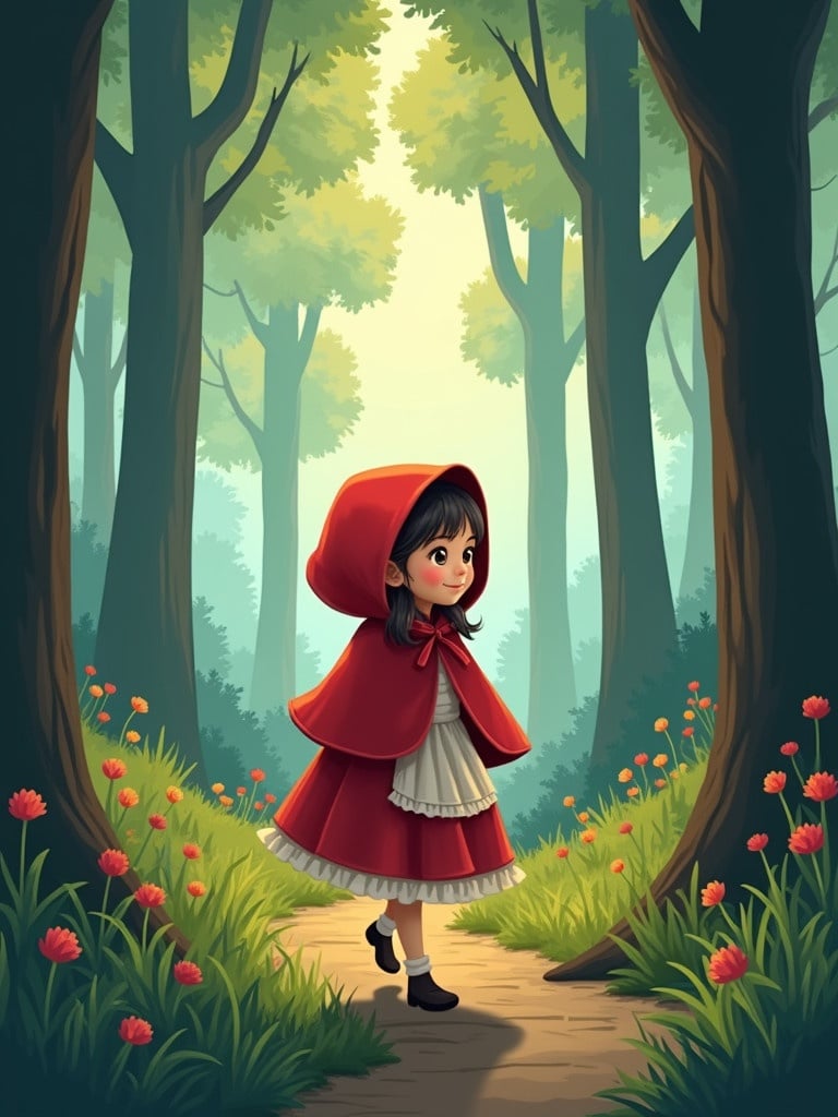 Illustration of Little Red Riding Hood walking in a whimsical forest. Character wears a red hooded cloak. Forest is lush with green trees and flowers. Path leads through the forest. Soft lighting gives a magical effect.