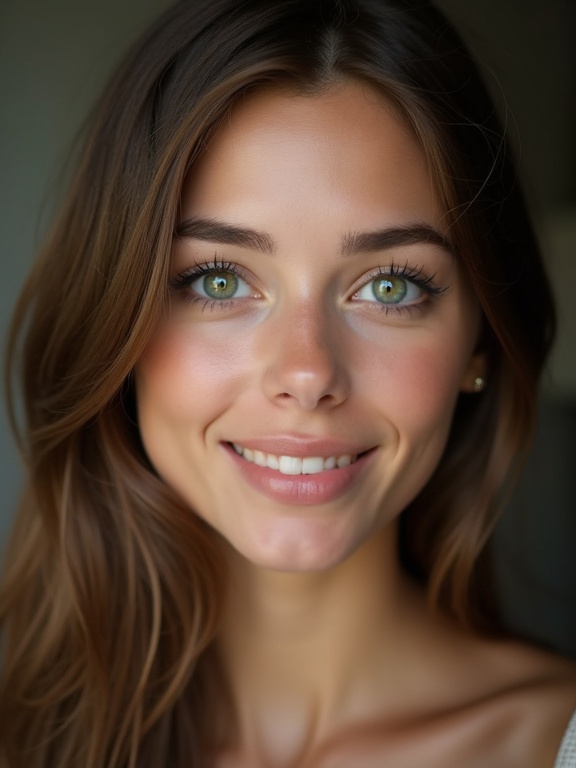 Pretty young woman with striking green eyes and brown hair. Soft lighting highlights natural beauty. Portrait style.