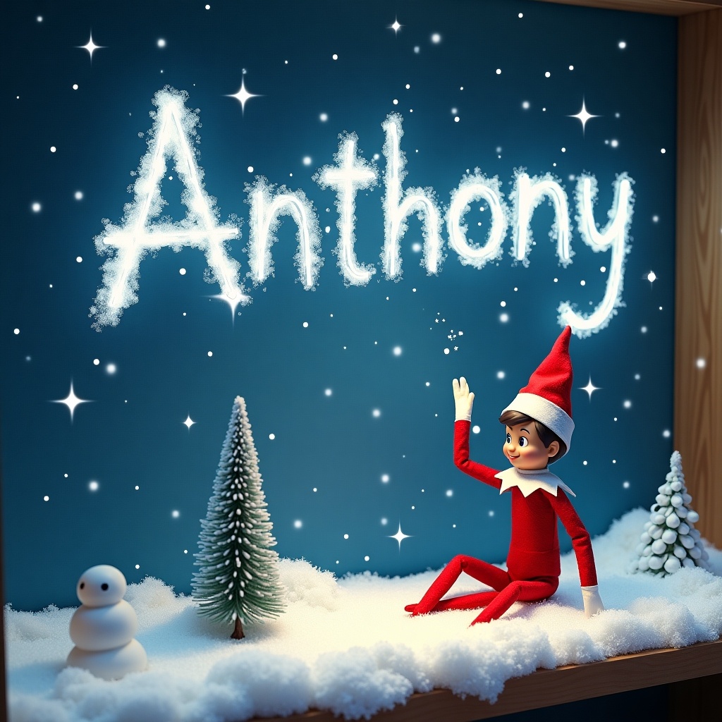 Elf on the shelf writing Anthony in the sky or snow. Scene includes snowy setting with trees and a snowy figure. Charming festive atmosphere.