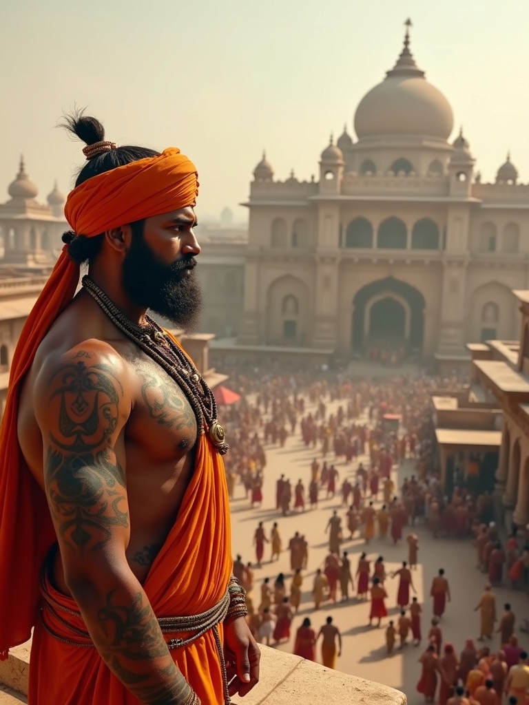 Wide shot capturing the kingdom of Ujjain with markets and temples. King Vikramaditya poses on a palace balcony. Strong royal figure wears orange turban and traditional attire. Tattoos adorn his muscular arms and chest. Serious expression hints at contemplation of destiny.