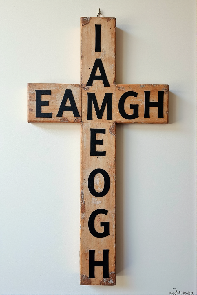 A large wooden cross with black letters spelling 'I AM THE GOAT' across both axes.