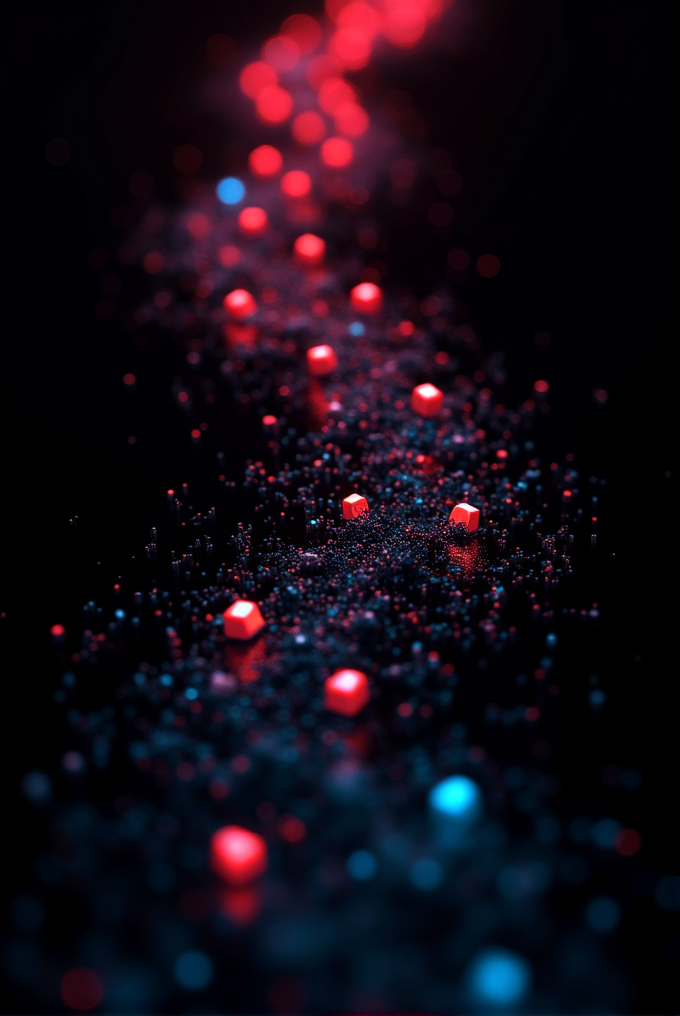 The image depicts a futuristic, glowing pathway with vivid red and blue lights in a dark, cosmic setting.