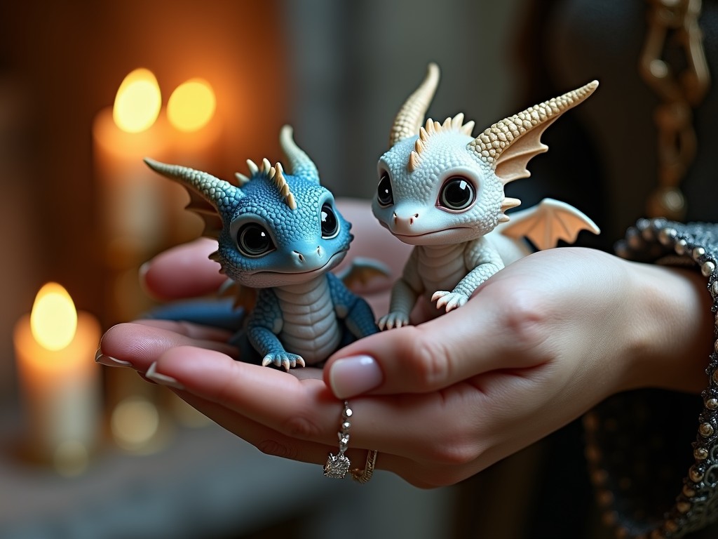 This image features two charming baby dragons, one blue and the other white, delicately cradled in a person's hands. The dragons, with their big expressive eyes and intricate scales, evoke a sense of fantasy and wonder. The background is softly lit by candlelight, adding warmth and an enchanting atmosphere to the scene.