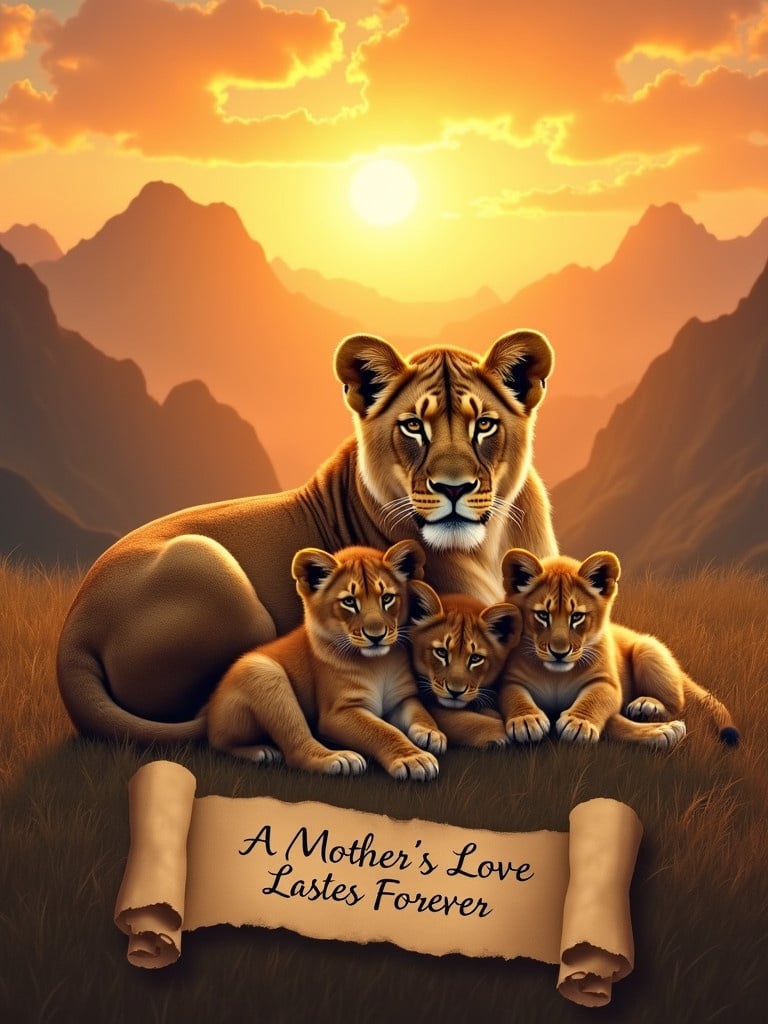 A lioness rests with her five cubs in a sunset scene. They show a tender family bond. Majestic mountains are in the background. The setting sun casts a warm glow. A scroll in the foreground has the phrase A MOTHER'S LOVE LASTS FOREVER. A serene natural setting with a touching sentiment creates a powerful image of love and unity.