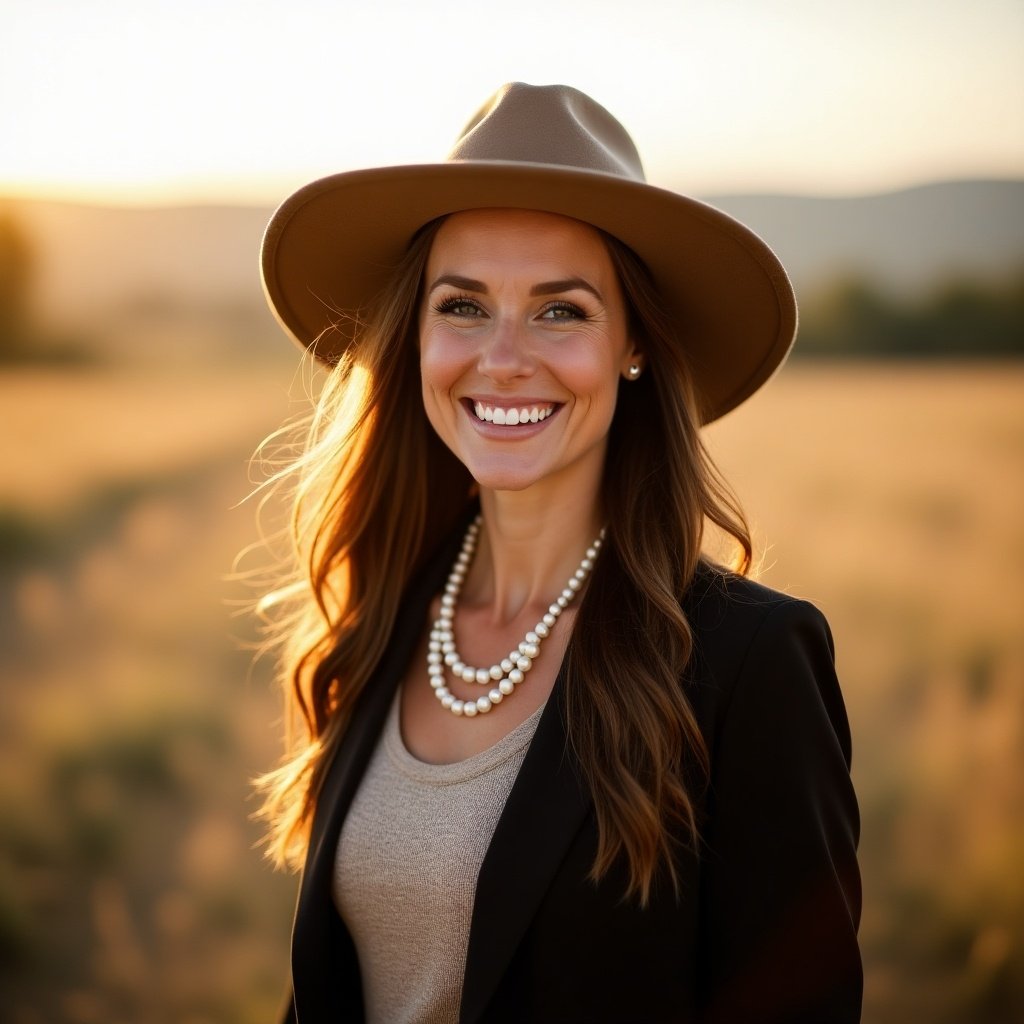 A smiling woman wearing a wide-brimmed hat and knit top stands in a sunlit field. She has long hair and wears a black blazer with a pearl necklace. The photo features soft focus and a warm tone.