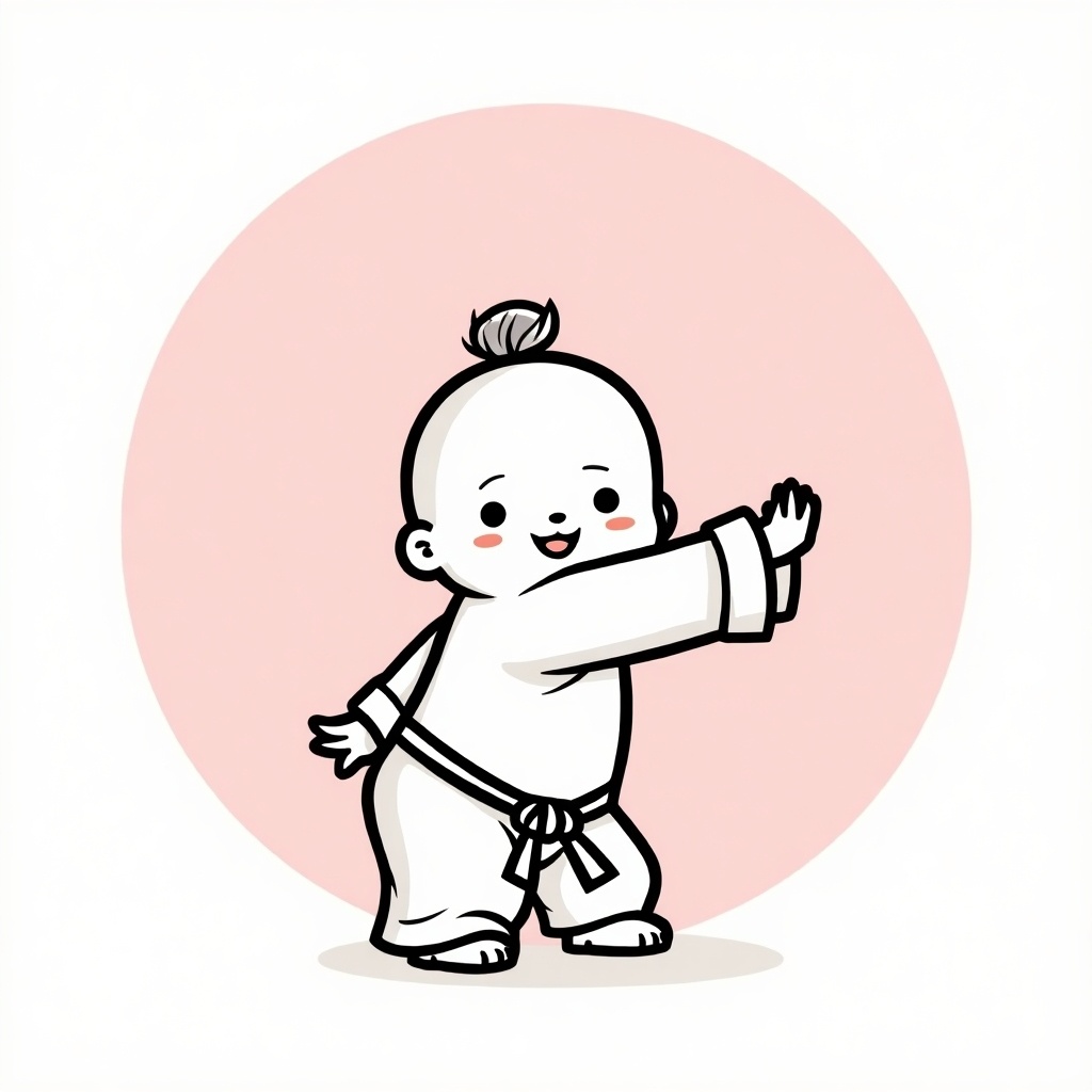 Chibi style black and white minimalist line art cartoon baby. Rounded shapes. Pink circular background. In Chinese martial arts poses. Different poses and expressions included.