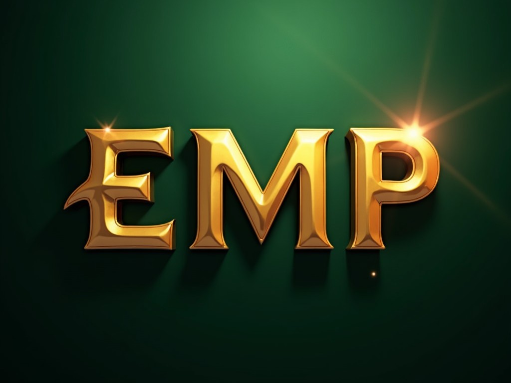 This image features the bold, golden letters 'EMP' set against a rich, dark green background. The lettering is styled with a glossy, metallic finish that reflects light, creating a sense of luxury and elegance. The soft gradient in the background and the glowing highlights on the letters add depth and sophistication to the image.