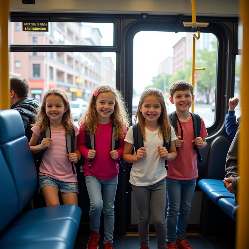 Four kids are sitting on a bus. It is daytime. They are going to the mall together. The atmosphere is cheerful and lively.