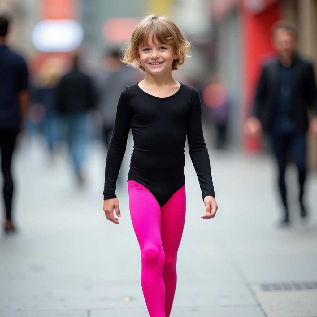 The image features a confident teenage boy walking down a public sidewalk. He is dressed in a black long-sleeve leotard and bright pink tights, showcasing his playful style. He completes his look with black two-inch heels. The background is a bustling street filled with blurred figures, emphasizing the lively atmosphere. The bright lighting highlights the subject, creating a vibrant urban vibe.