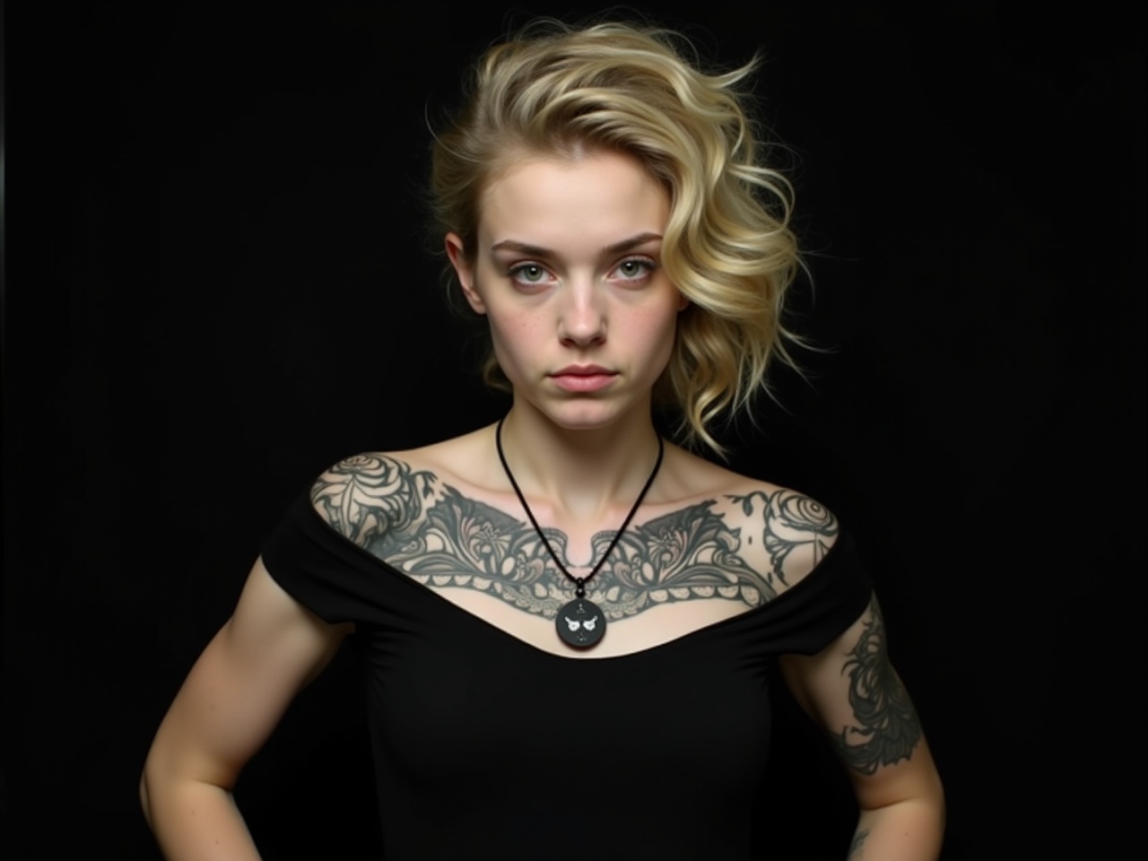 The image features a young woman with wavy, blonde hair. She has a serious expression and is looking directly at the viewer. Her skin is adorned with intricate tattoos that cover her chest and shoulders. She wears a black top, which contrasts with her pale skin. A pendant necklace hangs around her neck, adding a touch of detail to her appearance. The background is dark, emphasizing her figure and tattoos.