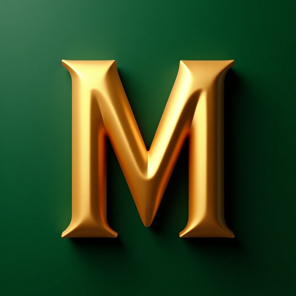 A gold 3D uppercase 'M' on a green background.