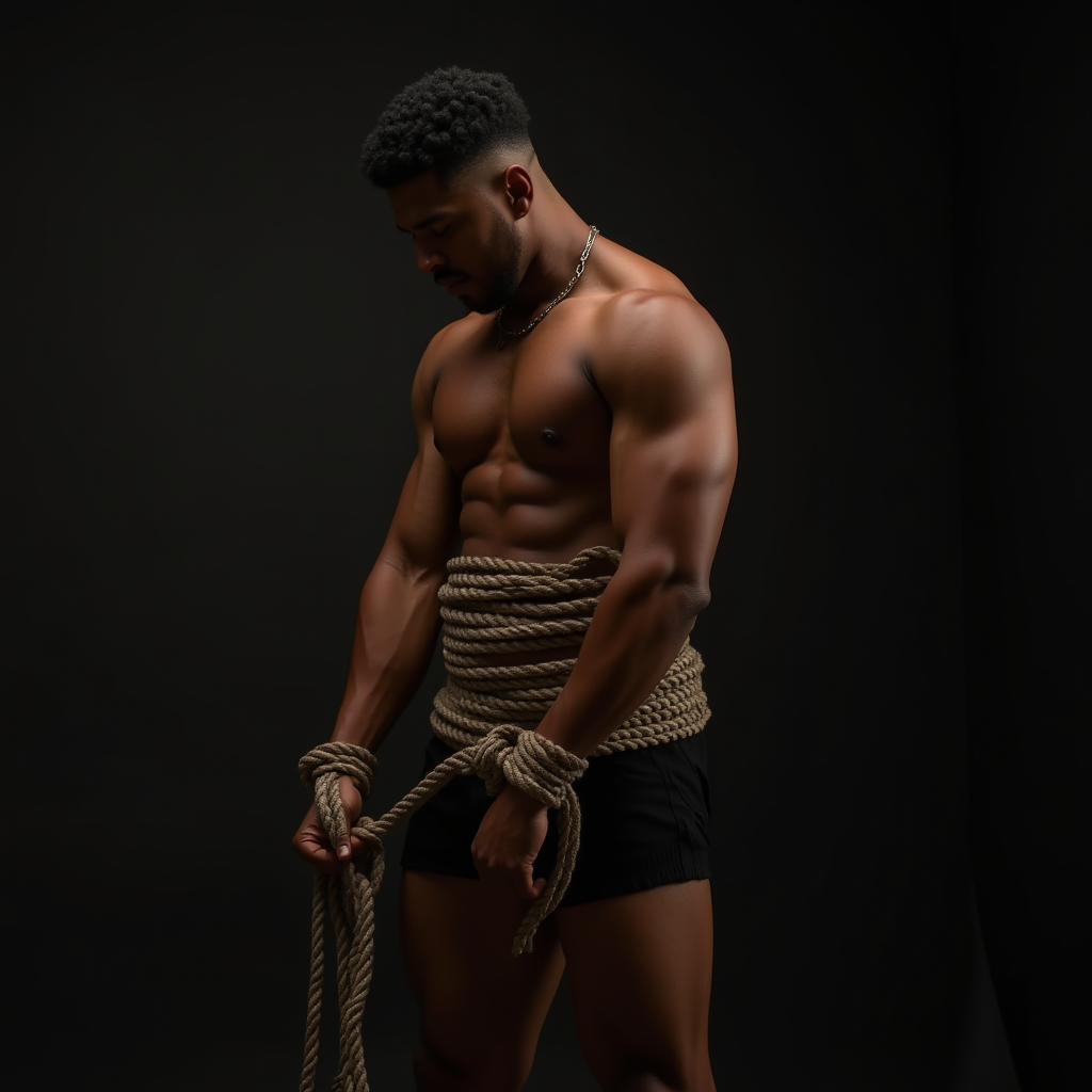 A muscular man is wrapped in thick rope, standing confidently in a dimly lit setting.