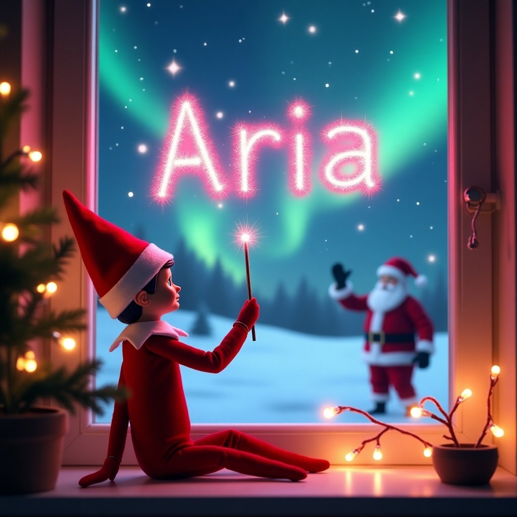 A festive scene featuring an elf on the shelf sitting by a window, facing the magical outdoors. The elf is using a wand to write the name 'Aria' in bright, twinkling pink letters across the starry sky. The background showcases a beautiful snowy landscape illuminated by the northern lights. Santa can be seen in the distance, adding to the holiday charm. This scene captures the essence of Christmas magic, with warm lights and cheerful decorations creating a cozy atmosphere.