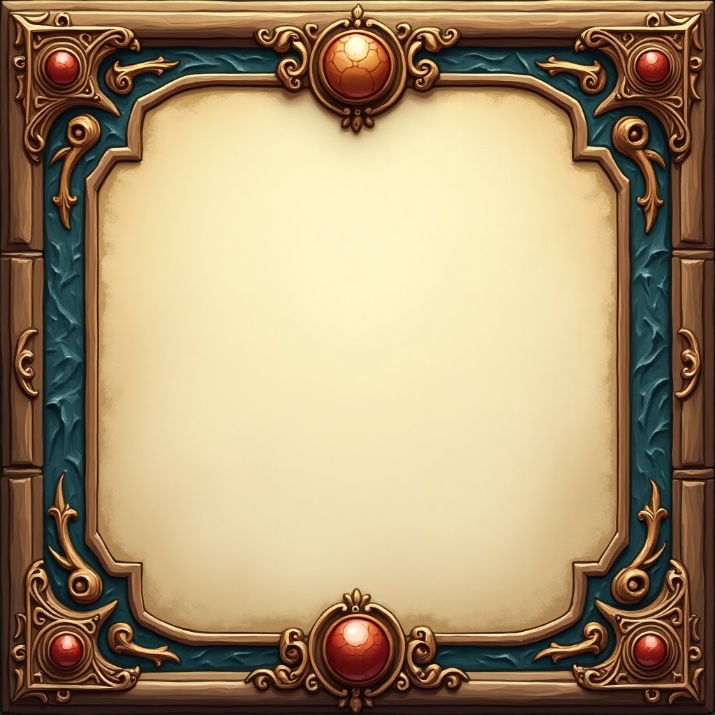 Custome-designed frame for a board game card with ornate details and a blank center space.