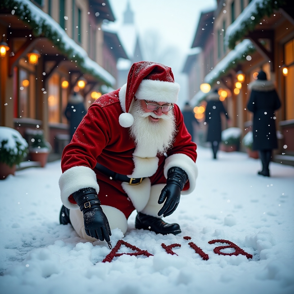 Santa Claus in traditional red and white attire is kneeling to write the name Aria in fresh snow. The scene includes a snowy street bordered by charming buildings, illuminated by warm, soft light, evoking a festive atmosphere during the holiday season.