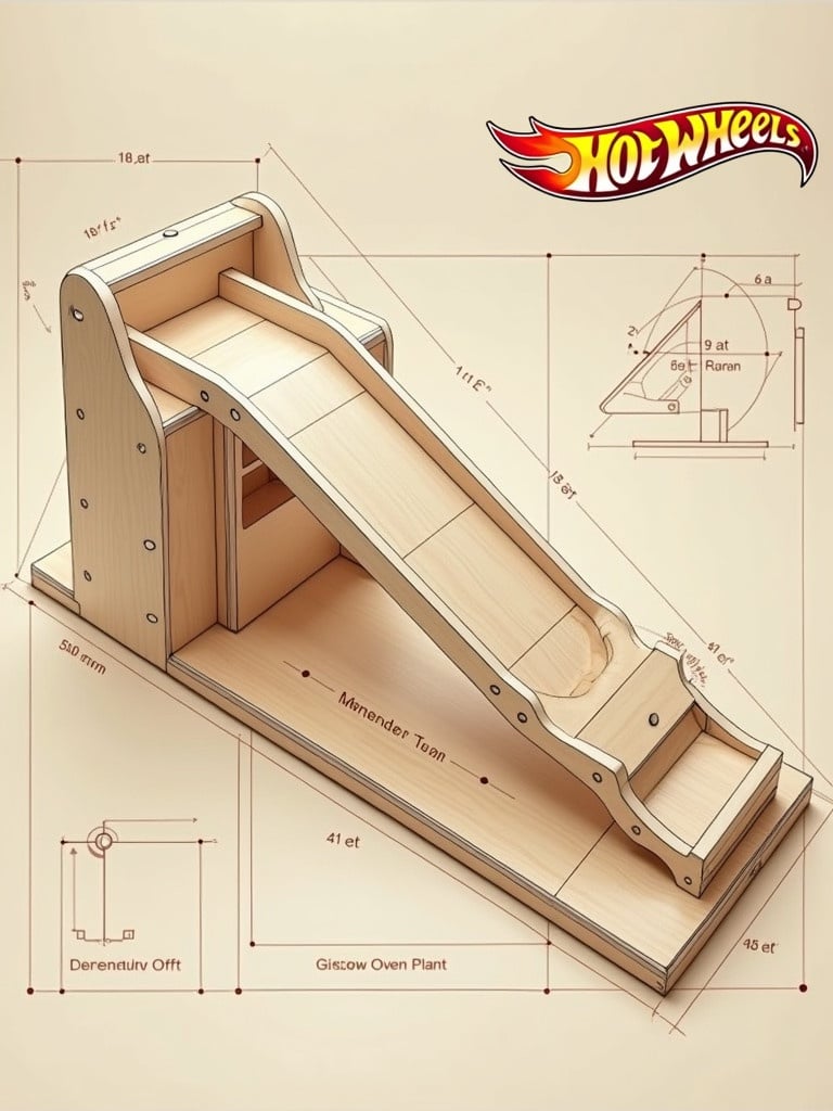 Design plan for a wooden ramp for Hot Wheels cars. Ramp has a height of four feet. Ramp is angled at forty-five degrees. Includes measuring details and construction angles.