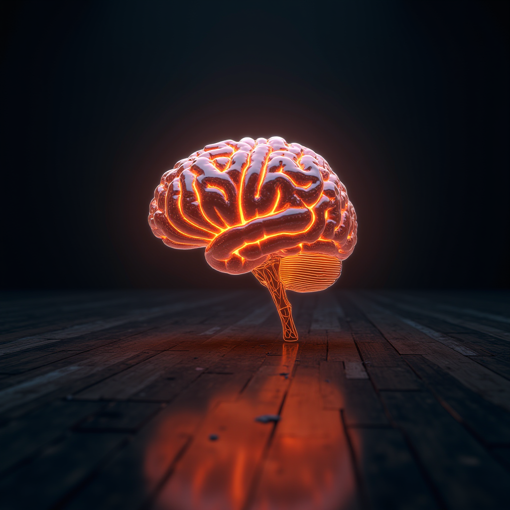 A glowing, semi-transparent human brain model sits on a wooden floor against a dark background, emanating an intricate orange light that highlights its neural pathways.