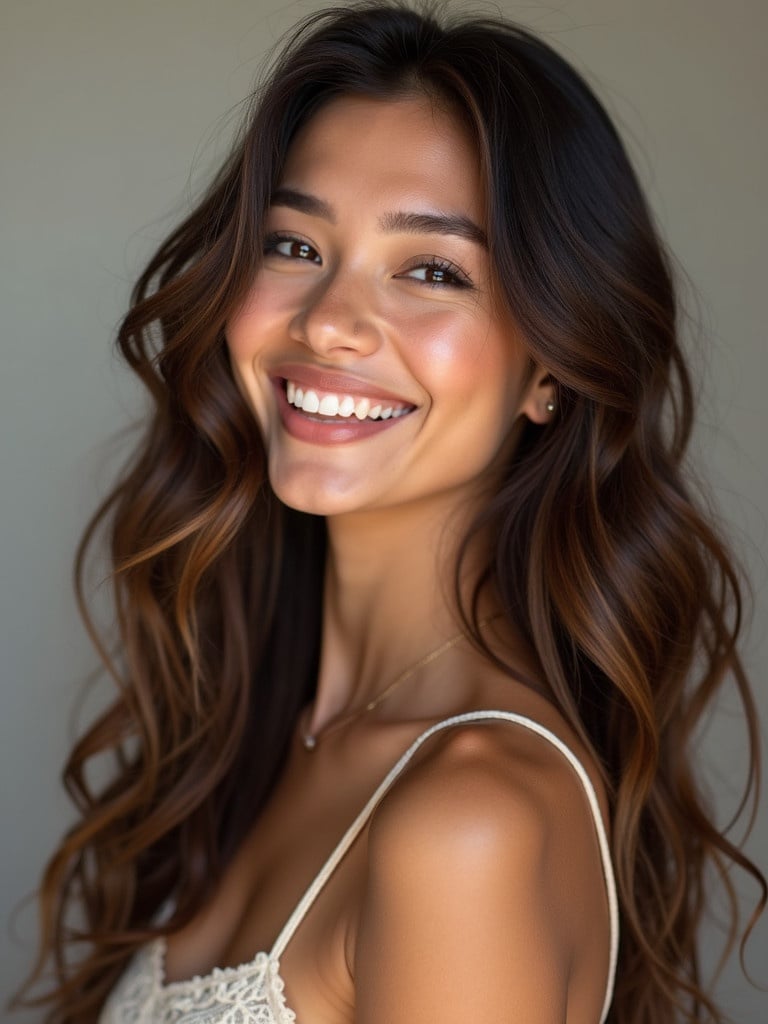 Asian Indonesian woman with wavy brown hair. Head tilted slightly. Beautiful side profile pose with a warm smile. Natural light softly accentuating features.