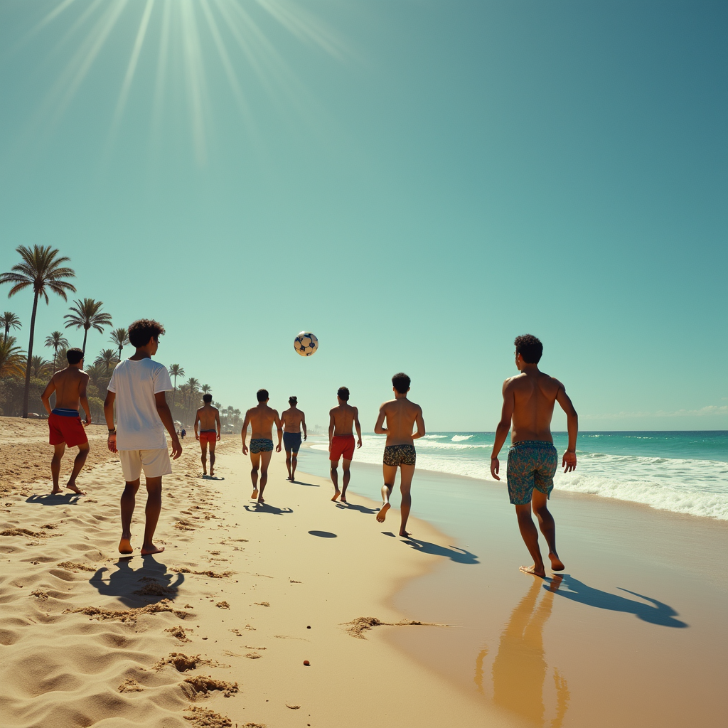 A group of young men play soccer on a sunny, palm-lined beach by the ocean.