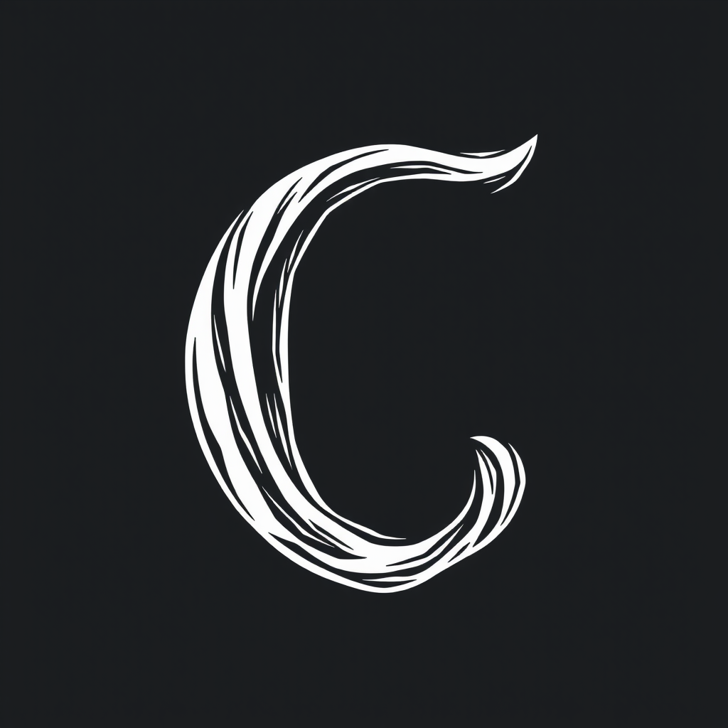 The image features a stylized letter 'C' with a unique, textured appearance. This white letter is set against a solid black background, creating a striking contrast. The design of the 'C' is reminiscent of a brushstroke or wood grain, adding a sense of artistic flair and depth. The curvature and fluidity of the lines suggest movement, giving the letter a dynamic and elegant look.