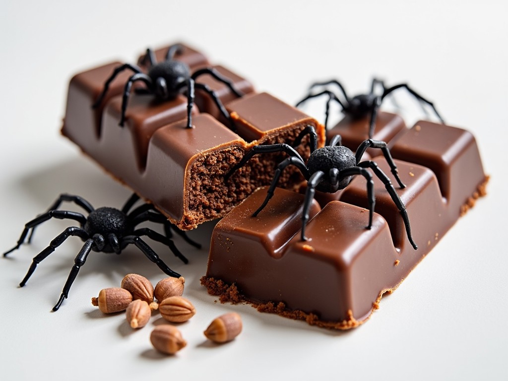 This image features two chocolate bars resembling spider-infested terrain, with realistic black spider toys placed on and around the bars. The chocolate has a rich, smooth texture, and the bars are partially broken to reveal a layered, crunchy interior. Scattered almonds add an extra touch of detail, enhancing the visual impact and creating a spooky yet appetizing contrast.