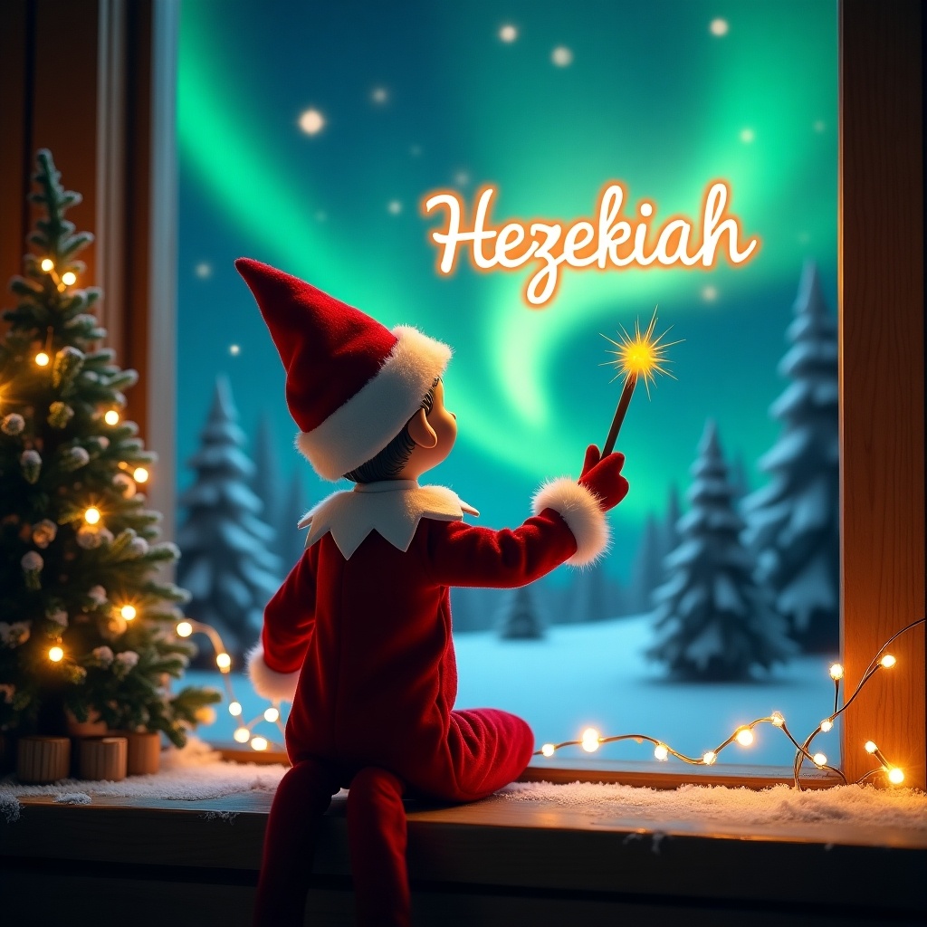 An enchanting Christmas scene featuring an elf on the shelf. The elf, dressed in red and white, is facing the vibrant northern lights outside a window. He wields a magic wand and the name 'Hezekiah' glows above him in bright script. The cozy setting includes soft Christmas lights that enhance the festive spirit. The whimsical portrayal of the elf captures the joy and wonder of the holiday season. This scene evokes excitement and nostalgia, drawing viewers into a magical moment of Christmas cheer.