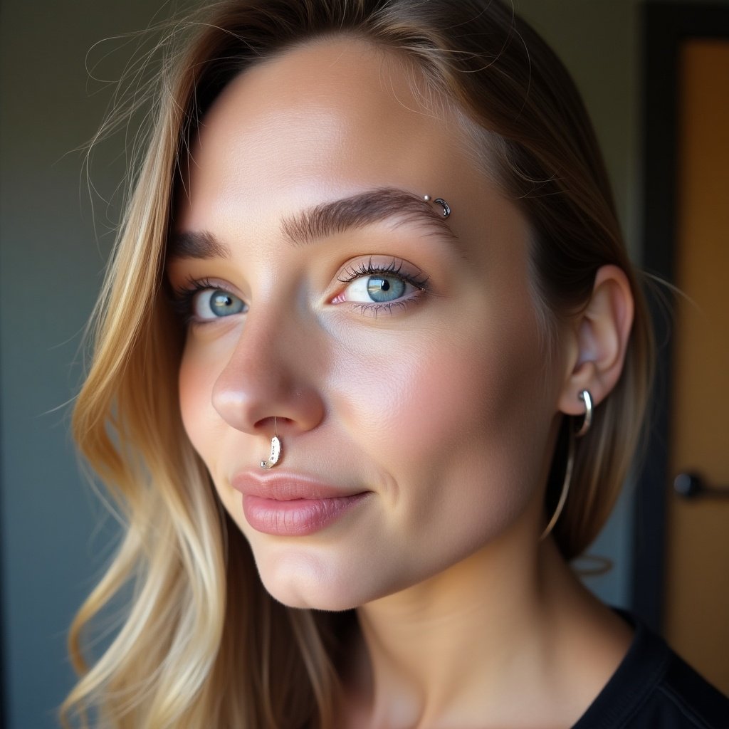 A person showcases an eyebrow piercing and an ear accessory. The image displays flowing hair and a subtle background. Focus is on the accessories and hairstyle, with a modern and chic appearance.