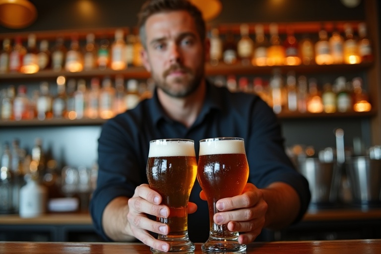 Bartender behind the counter holds two glasses of beer. Cozy warm environment in bar. Various bottles of alcohol displayed. Rustic wooden design of the bar.